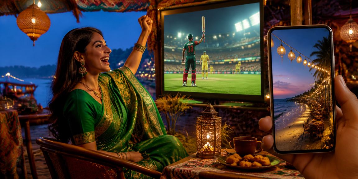 A user enjoying cricket betting on mobile at Cox's Bazar beach