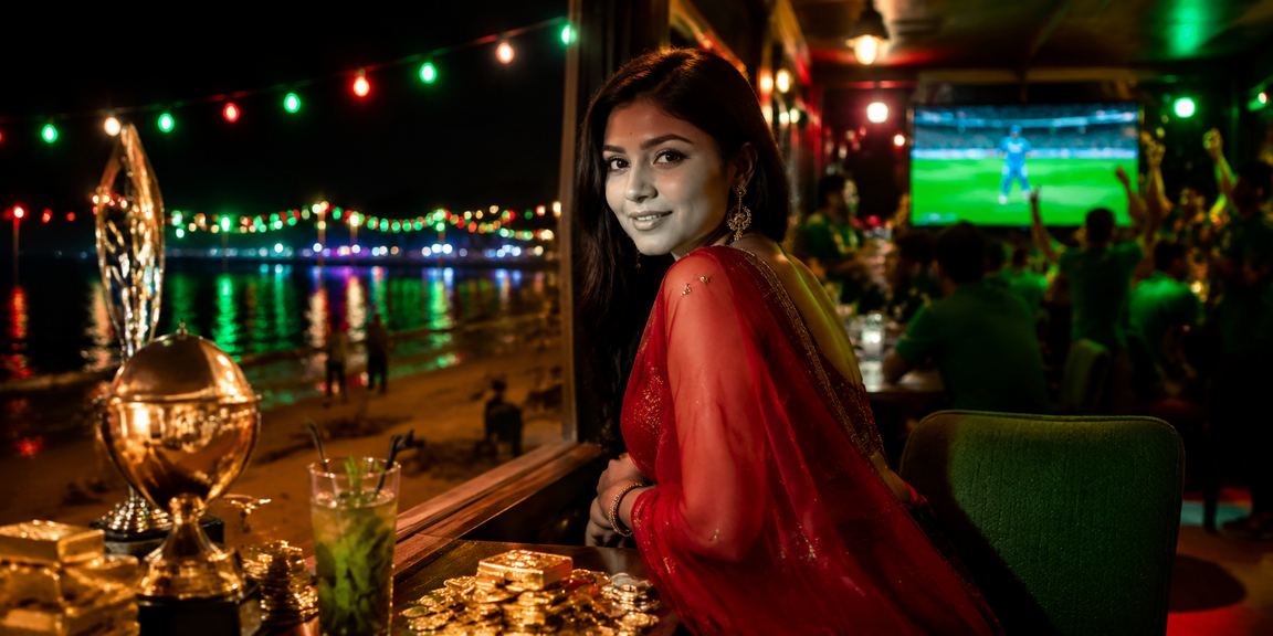 A Bangladeshi woman betting on cricket from her mobile on Saint Martin's Island