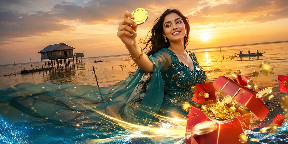 A Bangladeshi model holding a bonus offer in a red envelope, set against the backdrop of Tanguar Haor